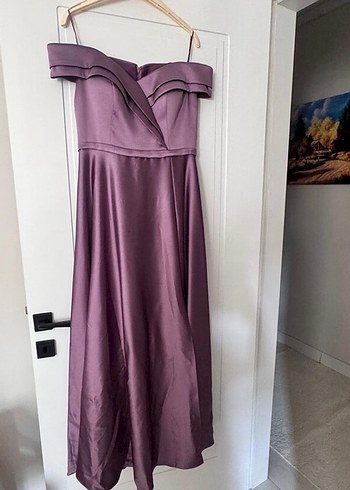 Mor Uzun Drapeli Straplez Abiye Elbise - Görsel 2