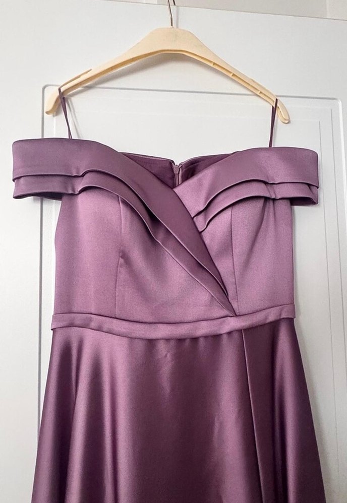 Mor Uzun Drapeli Straplez Abiye Elbise - Görsel 3