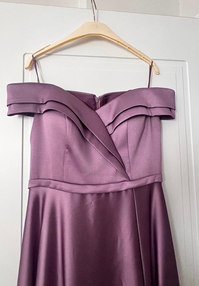 Mor Uzun Drapeli Straplez Abiye Elbise - Görsel 5