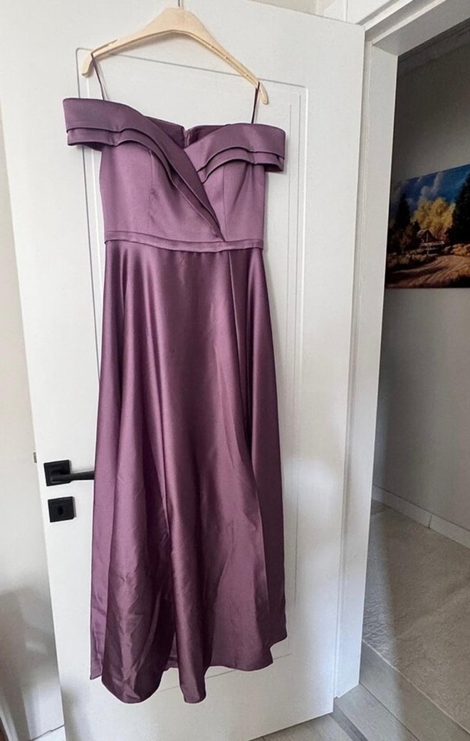 Mor Uzun Drapeli Straplez Abiye Elbise - Görsel 2