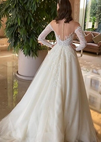 Uzun Kollu Straplez Prenses Gelinlik - Görsel 3