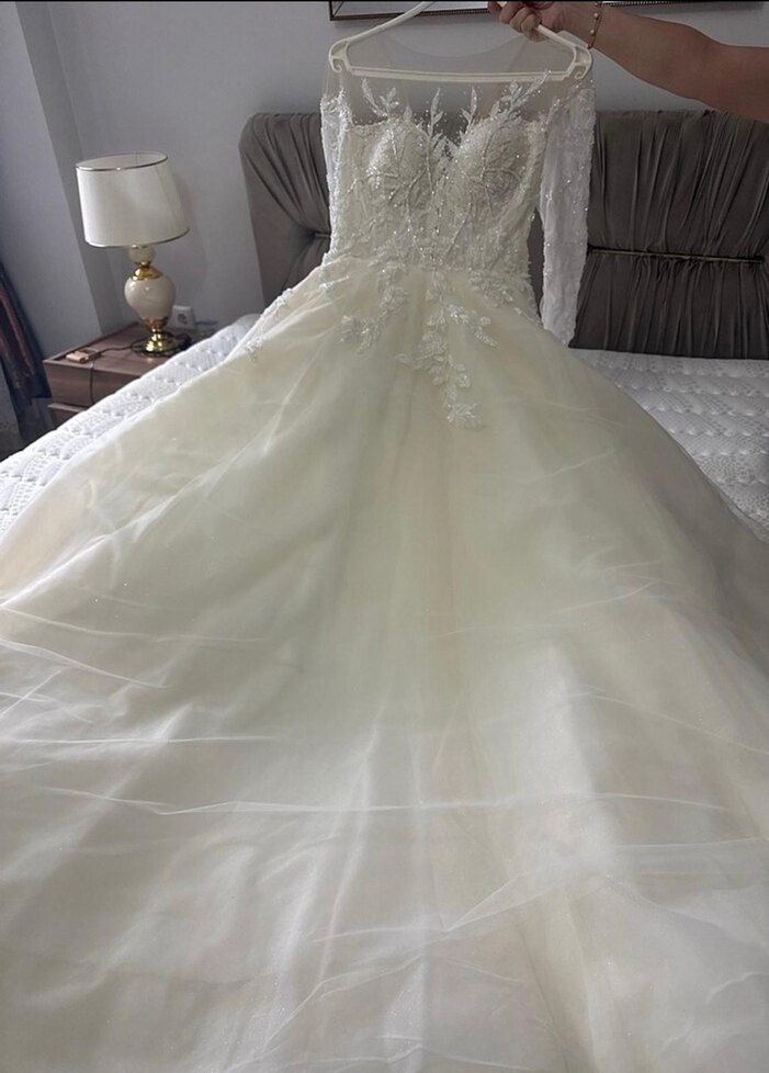 Uzun Kollu Straplez Prenses Gelinlik - Görsel 4