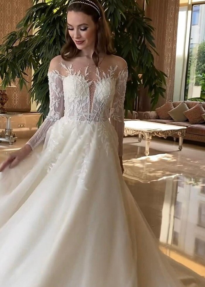 Uzun Kollu Straplez Prenses Gelinlik - Görsel 2