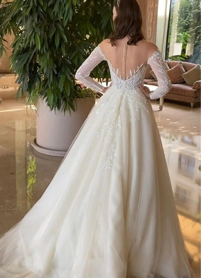 Uzun Kollu Straplez Prenses Gelinlik - Görsel 3