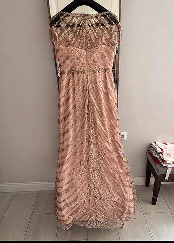 Pudra İşlemeli Uzun Abiye Elbise - Görsel 3