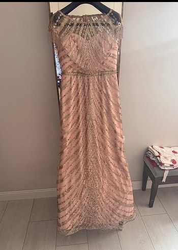 Pudra İşlemeli Uzun Abiye Elbise - Görsel 5