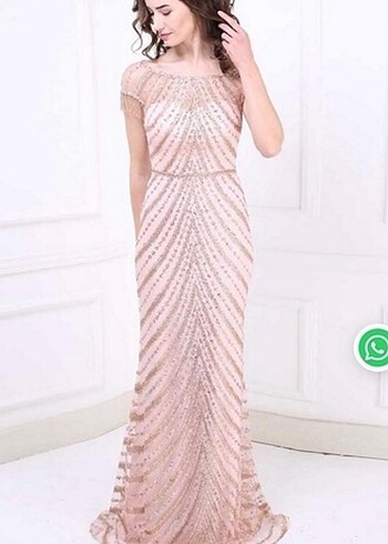 Pudra İşlemeli Uzun Abiye Elbise - Görsel 2