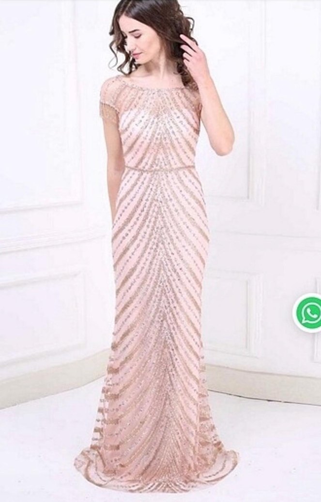 Pudra İşlemeli Uzun Abiye Elbise - Görsel 2