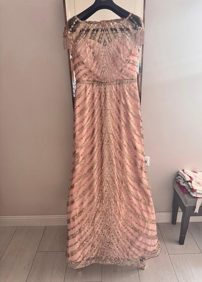 Pudra İşlemeli Uzun Abiye Elbise - Görsel 4