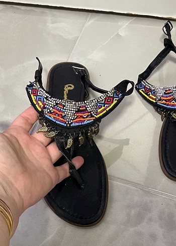 Boncuk İşlemeli Bohem Kadın Dolgu Topuk Sandalet - Görsel 2