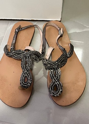 Boncuk İşlemeli Bej Bohem Stiletto Kadın Sandalet - Görsel 2