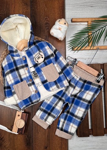 SIFIR KIŞLIK Bebek Erkek Ekose Desenli Kürklü 3lü takım - Görsel 2