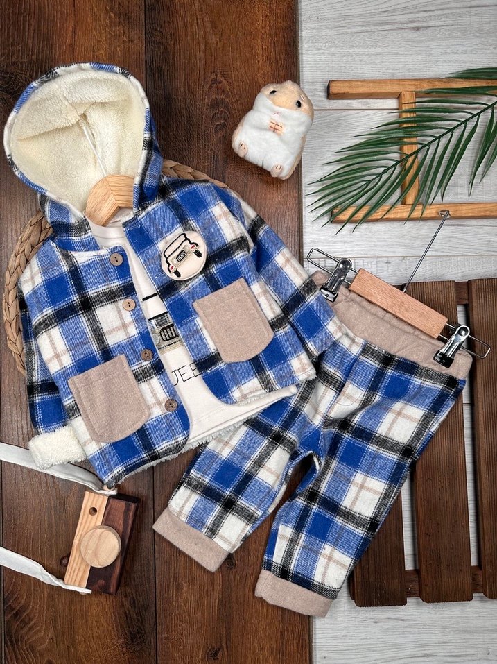 SIFIR KIŞLIK Bebek Erkek Ekose Desenli Kürklü 3lü takım - Görsel 2