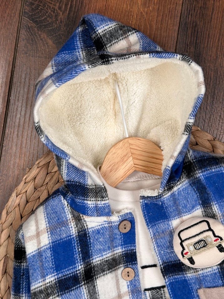 SIFIR KIŞLIK Bebek Erkek Ekose Desenli Kürklü 3lü takım - Görsel 4