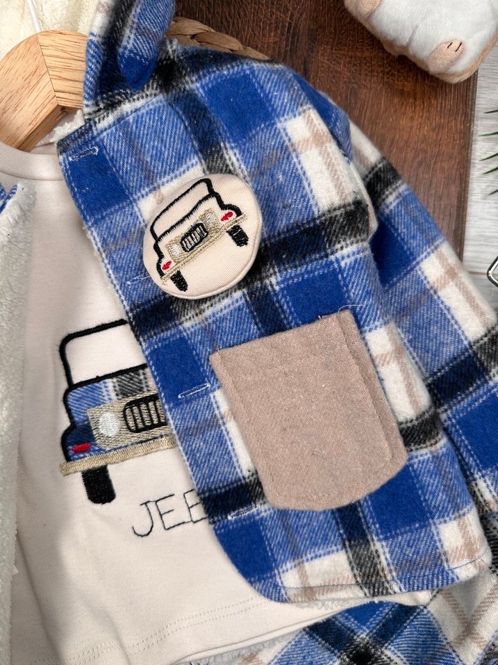 SIFIR KIŞLIK Bebek Erkek Ekose Desenli Kürklü 3lü takım - Görsel 3