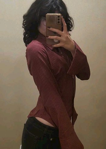 Sheinside Bordo Çizgili V Yaka Belden Oturmalı Kadın Gömlek