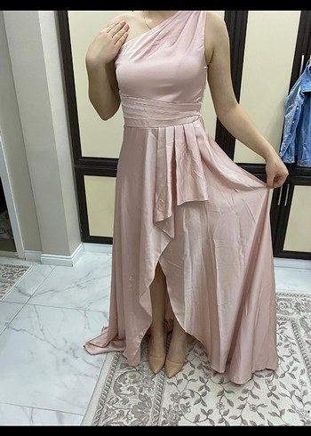 Pudra Pembe Drapeli Uzun Abiye Elbise - Görsel 8