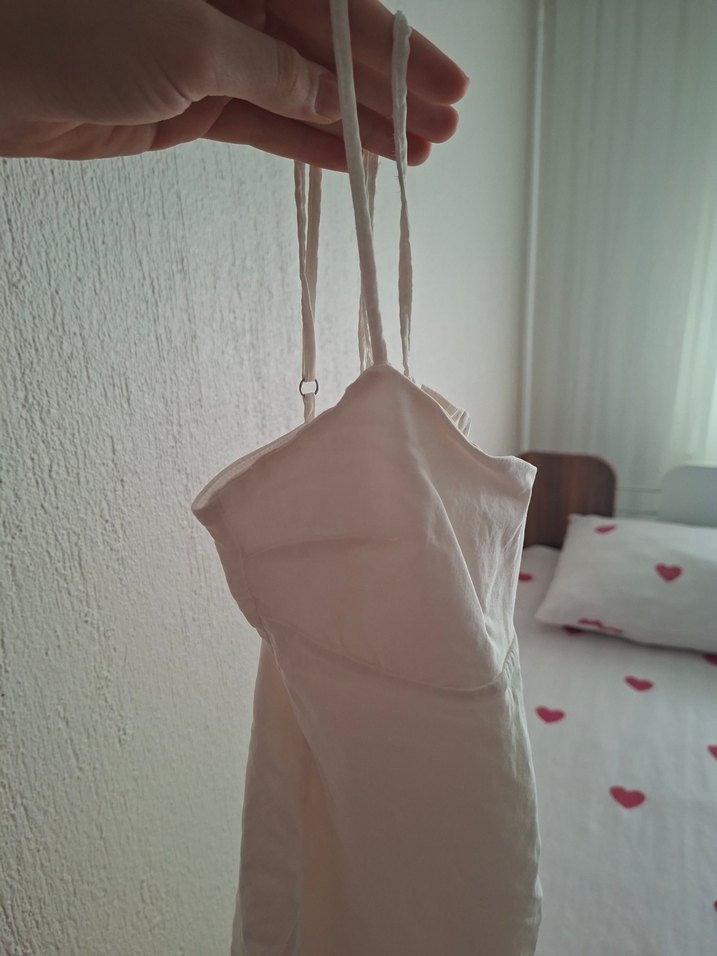 Beyaz ince askılı Keten Uzun Elbise - Görsel 2