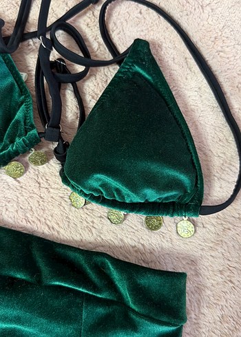 Yeşil Bohem Tarzı İpli Bikini Takımı kadife - Görsel 2