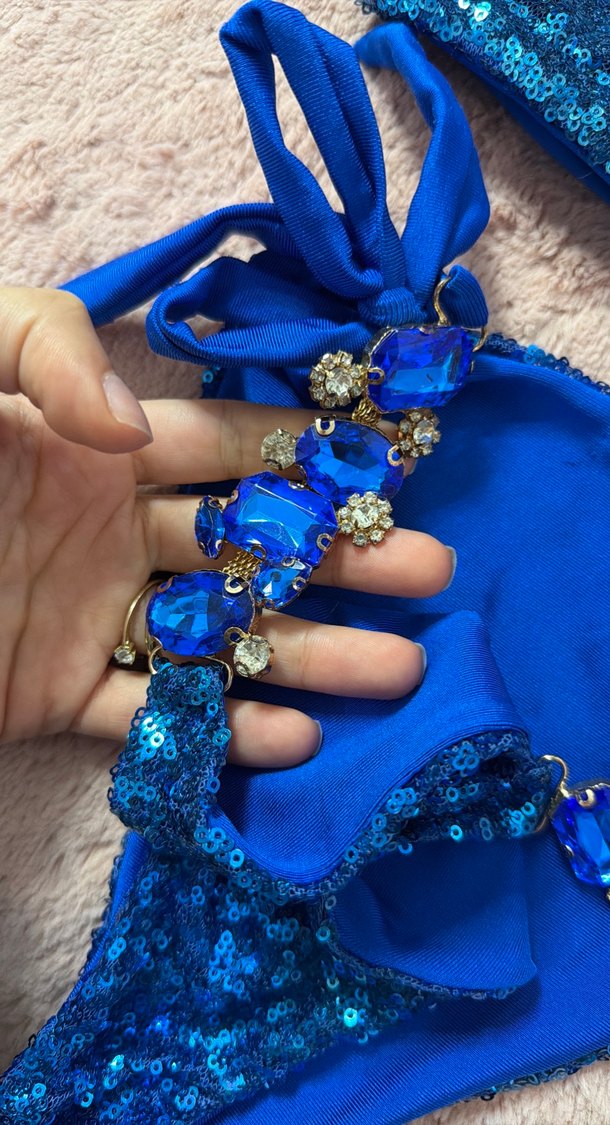 Mavi Payetli taşli Mini Bikini Takımı - Görsel 3