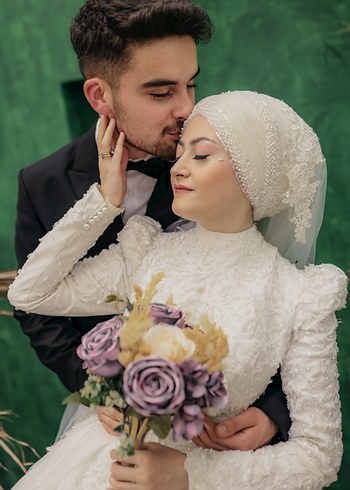 Gelinlik Uzun Kollu Beyaz Düz Kesim Düğün Elbisesi