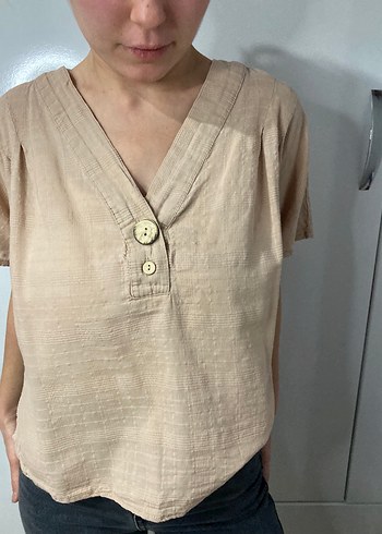 LC Waikiki Bej V Yakalı Keten Kadın Gömlek