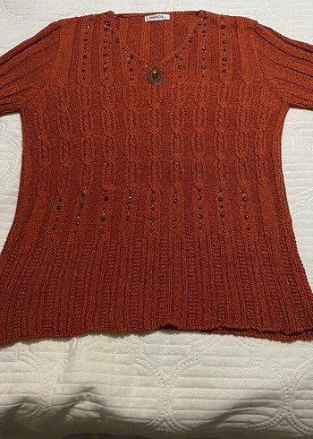 Kahverengi V Yaka Örgü Uzun Kollu Kadın Kazak - Görsel 3