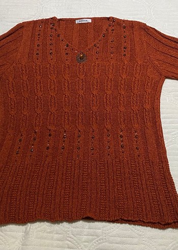 Kahverengi V Yaka Örgü Uzun Kollu Kadın Kazak - Görsel 4