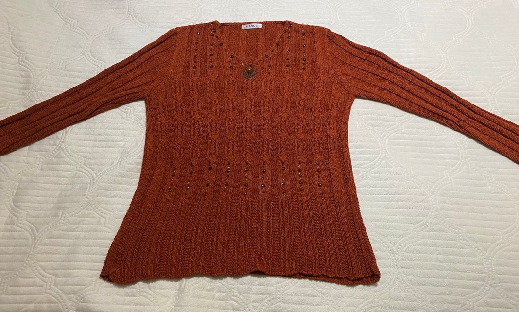 Kahverengi V Yaka Örgü Uzun Kollu Kadın Kazak - Görsel 4