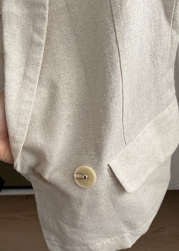 s Beden Düğmeli Beyaz Keten Kadın Blazer