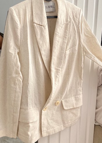 s Beden beyaz Renk Düğmeli Beyaz Keten Kadın Blazer