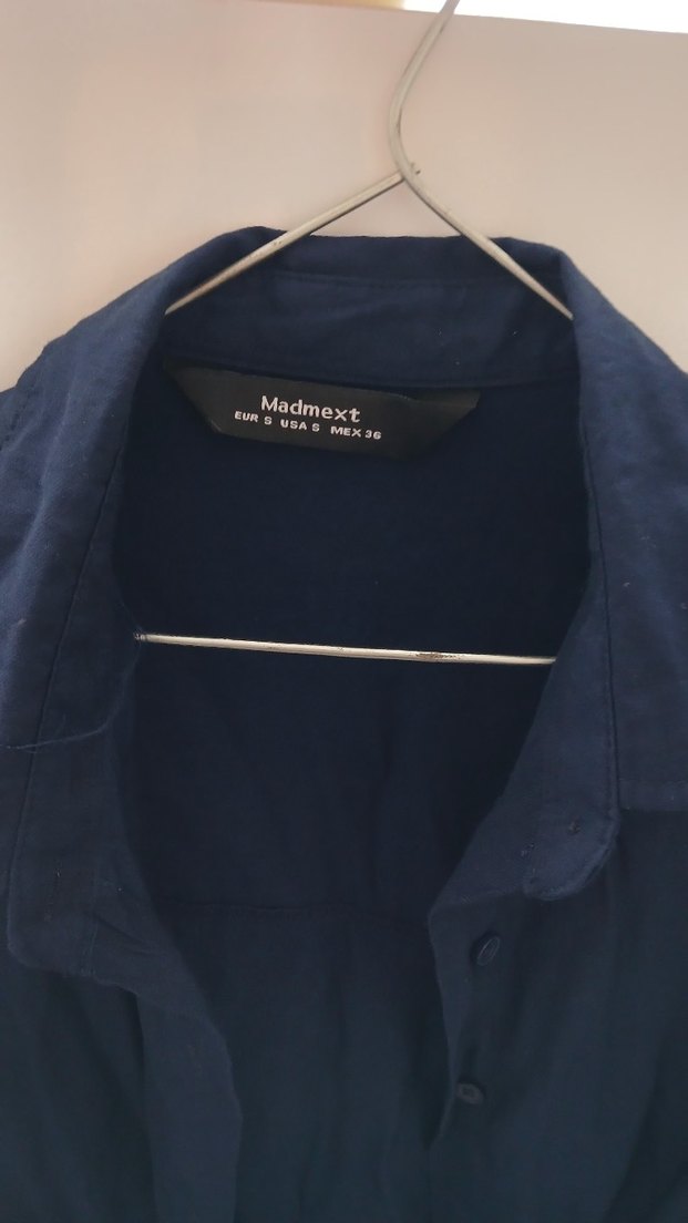 Düğmeli Lacivert Keten Kadın Gömlek - Görsel 2