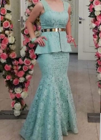 Su yeşili balık model abiye elbise 
