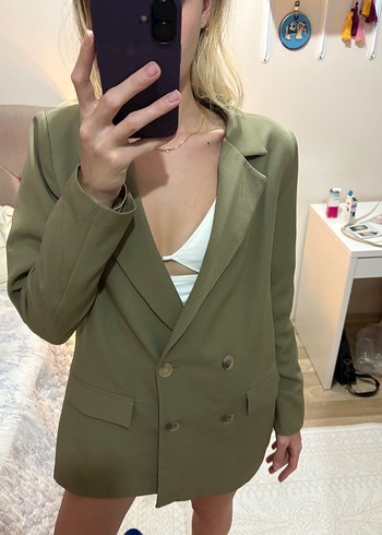40 Beden Kadın Haki Düğmeli Midi Blazer Ceket