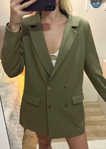 Kadın Haki Düğmeli Midi Blazer Ceket