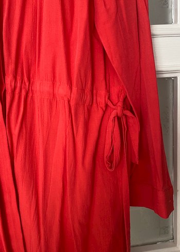 Kırmızı Uzun Kollu Drapeli Keten Tunik - Görsel 3