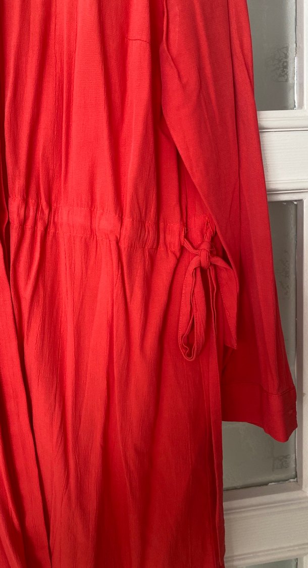 Kırmızı Uzun Kollu Drapeli Keten Tunik - Görsel 3