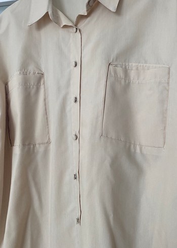 Bej Düğmeli Uzun Kollu Keten Gömlek - Görsel 2