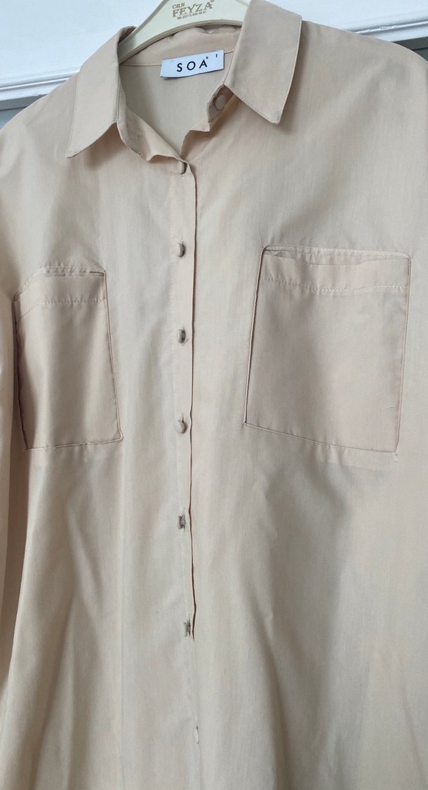 Bej Düğmeli Uzun Kollu Keten Gömlek - Görsel 2