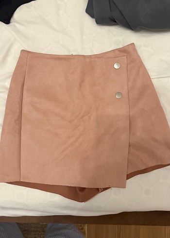 Düğmeli toz pembe Süet Mini Etek