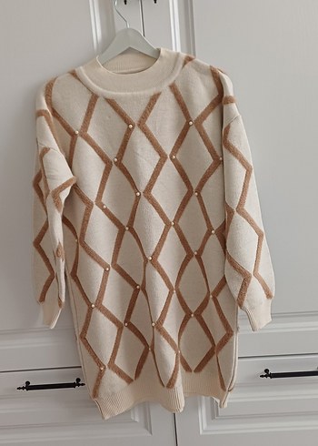 Bej Ekose Desenli Kadın Triko Kazak - Görsel 2