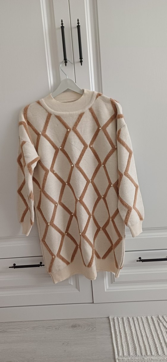 Bej Ekose Desenli Kadın Triko Kazak - Görsel 2