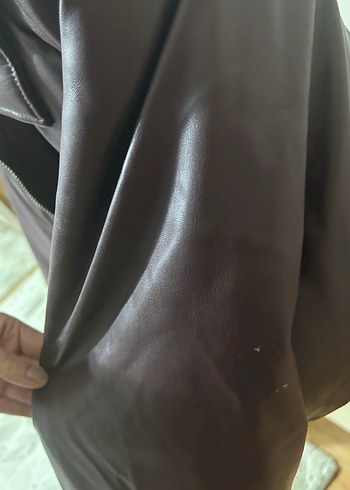 Düğmeli koyu bordo Deri Kadın Ceket - Görsel 4