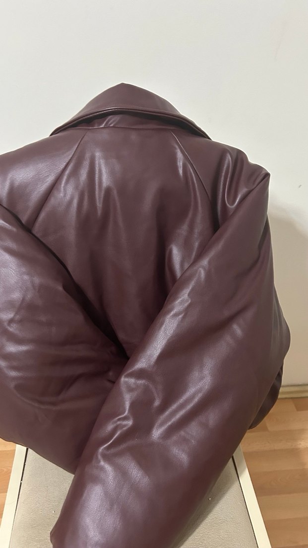 Düğmeli koyu bordo  Deri Kadın Ceket - Görsel 2