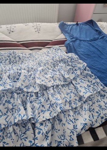 Mavi Desenli Fırfırlı Mi etek ve tişört - Görsel 5