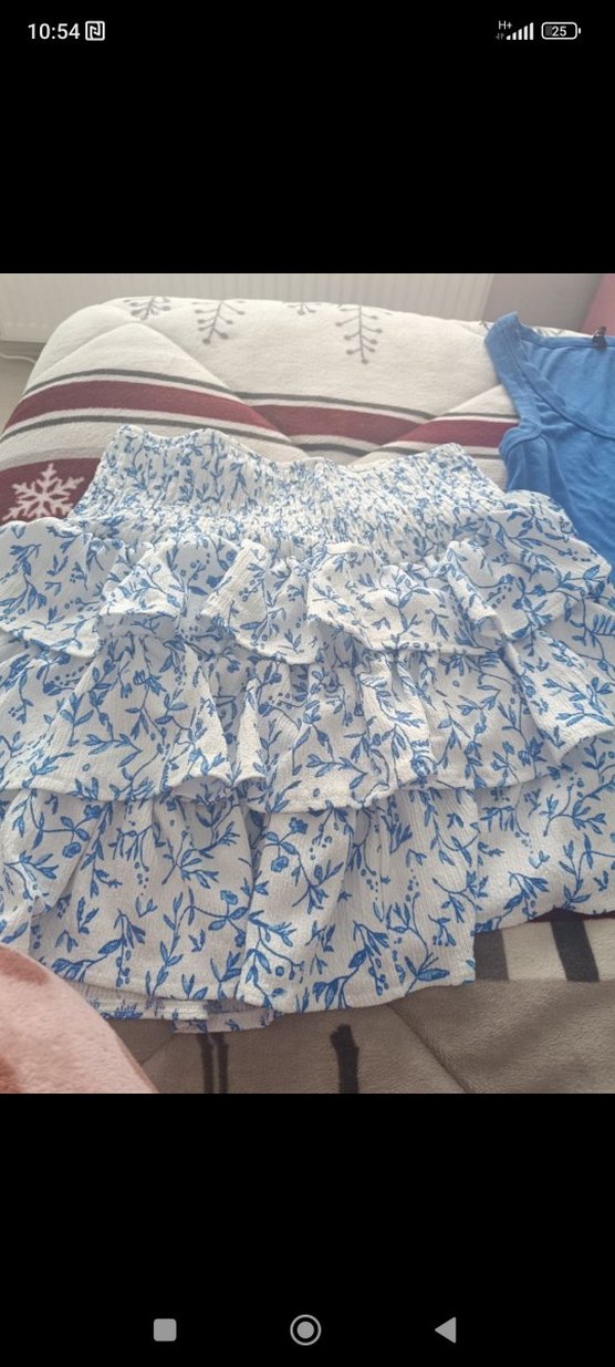 Mavi Desenli Fırfırlı Mi etek ve tişört - Görsel 4