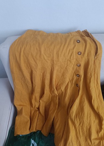 Sarı Kemerli Midi Keten Etek - Görsel 2