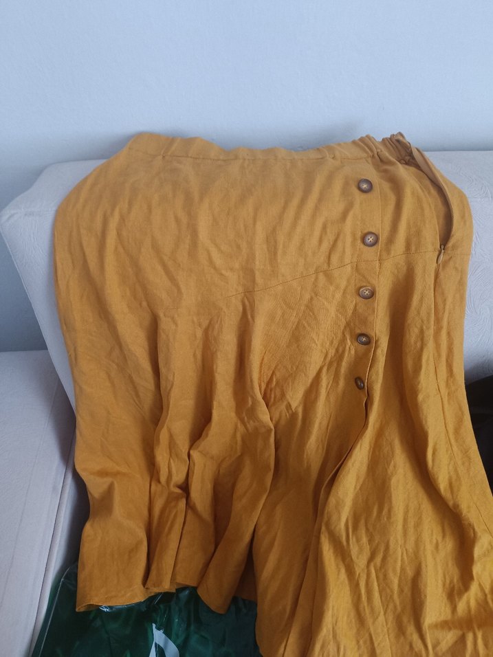 Sarı Kemerli Midi Keten Etek - Görsel 2