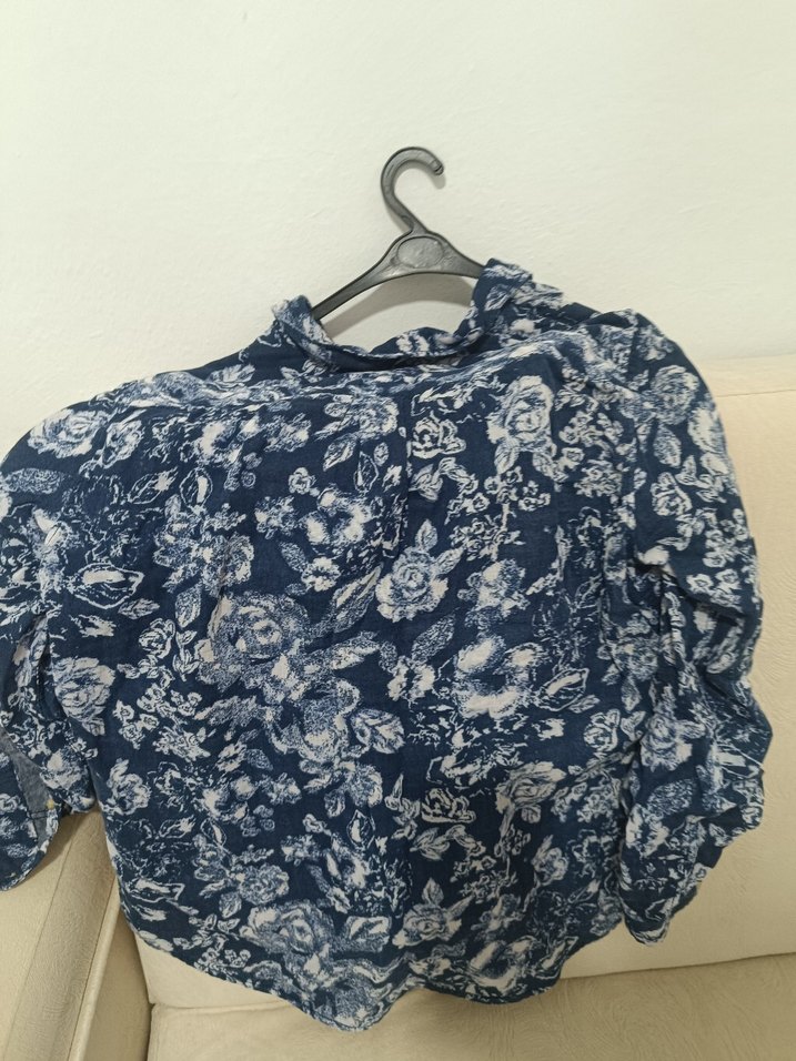 Düğmeli Mavi Gri Batik Desenli Denim Gömlek - Görsel 2