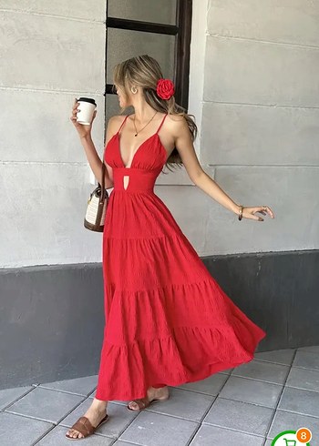 Kırmızı İnce Askılı Sırt Dekolteli Uzun Bohem Elbise - Görsel 3